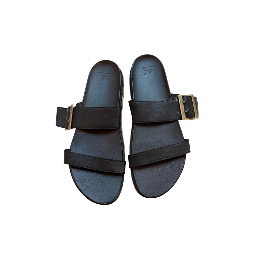Sorel Roaming Buckle Slide Black Leather Platform Espadrille Sandals NL3910-0101